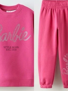 Zara Barbie Theme Hot Pink Gem Accent Sweatsuit Sz 6-7